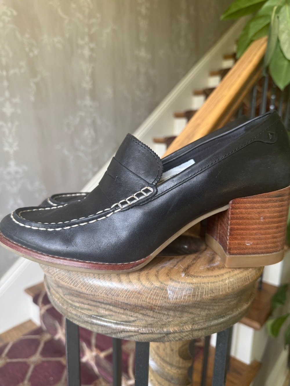 Sperry Black Leather Penny Loafers with Stacked Brown Heel 9.5 - Picture 14 of 16